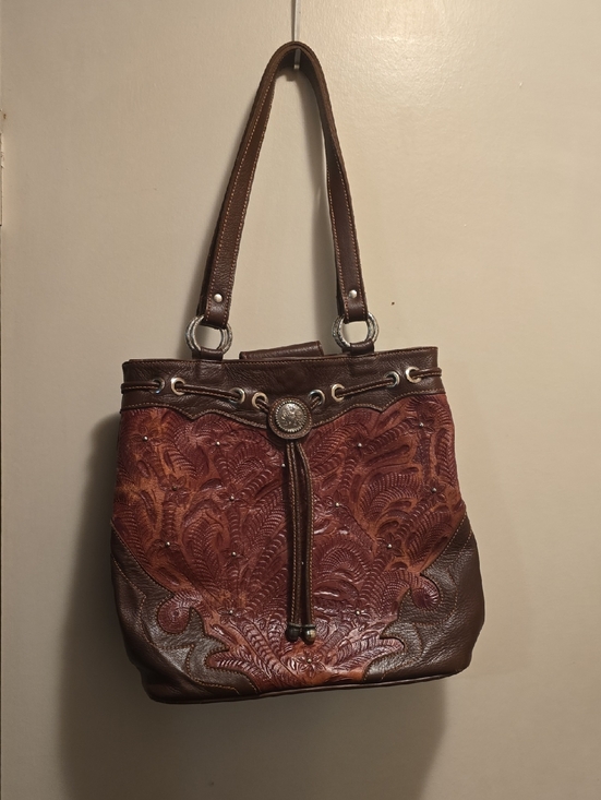 American West Handbags - American West Brown Tooled Leather Shoulder Bag with Concho